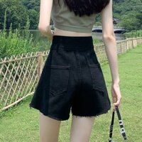 Slimer Look Ripped Wide-Leg Đen Denim Mỏng Phong Cách Nhỏ Ngọt Cay Chữ a Rời Eo Cao Quần Short Nữ