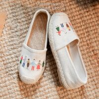 Slip on cói nữ - Giày lười vải thêu - Chất liệu vải bố 2 màu (khaki) và (xám) - Mã SP X-19