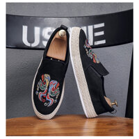 Slip on - Giày lười vải nam thêu họa tiết, đế cao su viền cói nổi bật cá tính - Mã E018 E019 E020 E021
