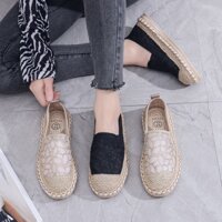 Slip on - Giày lười vải nữ đế bằng phong cách HQ - Chất liệu vải ren, đế cao su viền cói - Mã 686
