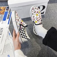 Slip On Nữ - Giày Lười Vải Nữ Họa Tiết Sticker Kết Hợp Caro Đen-Trắng Kiểu Dáng Classic - Mã SP 785