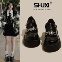 Small Leather Shoes For Women 2024 Spring And Autumn Black Platform French Thick Soles Heightening