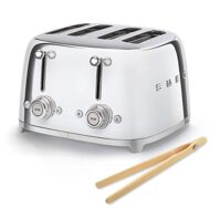 Smeg 50s Retro 4-Slot Toaster TSF03 Bundle with Norpro Bamboo Tongs (Stainless Steel)