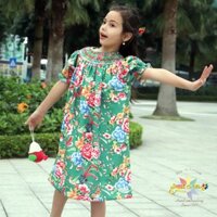 Smock Cô Nắng Đầm Smock hoa công phượng xanh thêu xích móc vòng cổ Vải thô cotton Size 1-12 ( 9kg - 50kg)