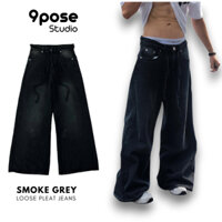 SMOKE GREY - Quần Jean Baggy Ống Rộng Phối Dây Uniex Nam Nữ - LOOSE PLEAT JEANS - 9POSE