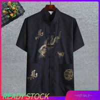 Sn Tangs Phù Hợp Với Hàng Đầu Thêu Rồng Màu Trơn Cổ Áo Tay Ngắn Năm Mới Mặc Siêu Mềm Trung Quốc Kung Fu Cánh Chun May Áo Sơ Mi Nam Quần Áo