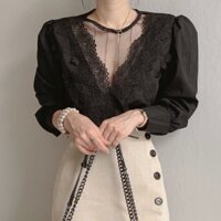 Sơ mi đen lưới cổ