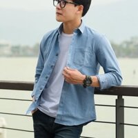 SƠ MI JEAN DENIM Nam XANH NHẠT, TÚI NGỰC . FREE SHIP  .Tay dài, dáng xuông. Hàng cao cấp, chống nắng nóng