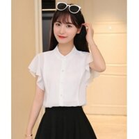 Sơ mi nữ màu trắng, áo cổ tàu tay cánh tiên S19