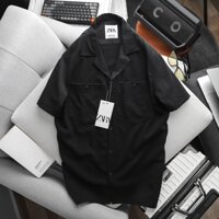 Sơ mi tay ngắn ZARA chất linen túi hộp (Đen)