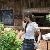 Sơ mi tay phồng Mtee tiểu thư , Áo kiểu sơ mi croptop Hàn Quốc ngọt ngào S26