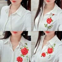 ❤Sơ mi thiết kế ❤lụa tằm thêu hoa ruy băng handmade cầu kỳ tỉ mỉ, mịn mướt k nhăn, k nhàu.Ảnh thật, mẫu ảnh là chủ shop❤