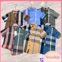 Sơ mi trắng cho bé 9-16 tuổi cộc tay thêu logo CK và kẻ Burbery, Áo sơ mi bé trai vải thô thoáng mát thời trang