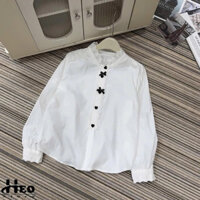 Sơ mi viền ren đính cúc tim may nơ ngọt ngào trẻ trung tay bồng phối ren (Ảnh thật )