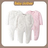Sơ Sinh Bé Gái Dài Tay Dây Kéo Đôi Bộ Đồ Ngủ cotton Cho Bé Màu Trơn Áo liền quần