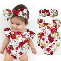 Sơ Sinh Bé Gái Hoa Jumpsuit Liền Quần Bodysuit + Dây Đeo Đầu Trang Phục