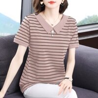 Sọc Ngắn Tay Áo Thun Nữ Trung Niên Mẹ Áo Thun Size Lớn Rời Ve Áo Top Quần Áo 1