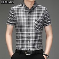 Sọc Sọc Áo Sơ Mi Tay Ngắn Nam Cotton Quần Áo Áo Cơ Bản Top Cổ Điển Túi