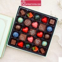 Socola hộp 25 viên nghệ thuật quà tặng Valentine hộp 25 viên chocolate Tình Mãi Đắm Say kèm túi