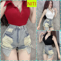 [SODM214] QUẦN SHORT JEANS ĐÙI NỮ LƯNG CAO RÁCH 2 VUÔNG KÈM MẢNG NHỎ LỘ TÚI TRÒN MÀU XANH NHẠT XÁM ĐẬM HOT HIT