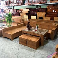 Sofa góc gỗ Bích mặt bàn kính vuông