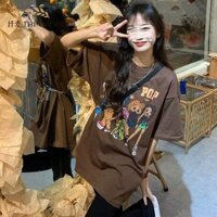Sợi Lúa Mì cotton Nguyên Chất Màu Nâu Mỹ retro Áo Thun Nữ Mùa Hè 2022 Mới Phong Cách Hàn Quốc Rời Sinh Viên
