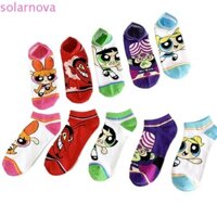 Solarnova 5 Đôi Tất Ống Cotton, Hoạt Hình Mắt Cá Chân The Powerpuff Tất Bé Gái, Miếng Dán Ngọt Ngào Chống Trơn Trượt Hàng Dệt Kim Thuyền Tất Nữ Dạo Phố