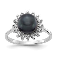 Solid 14k White Gold 7.5mm Black Freshwater Cultured Pearl Diamond Ring Band (.24 cttw.)