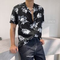 Sơmi KAF lụa họa tiết Lotus - Đen