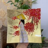 [Sơn mài vẽ tay] Tranh Sơn Mài Nghệ Thuật Cô Gái Áo Dài Việt Nam 20x20cm - Sơn mài thủ công mỹ nghệ Việt Nam