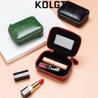 Son môi KOLGT, Màu trơn kèm túi trang điểm gương, Hộp đựng trang sức dây kéo bằng da thật di động dành cho nữ