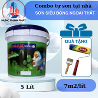 Sơn ngoại thất Siêu bóng Maxnano 5 Lít, chồng bám bẩn, dễ lau chùi, sơn mặt tiền, combo tự sơn tại nhà tặng chổi và lu