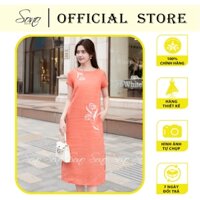 SONO - Đầm linen suông họa tiết thêu tay hoa trắng đối xứng