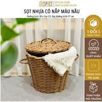 Sọt nhựa tròn có nắp giỏ đựng quần áo đa năng tiện dụng màu nâu UR SPACE