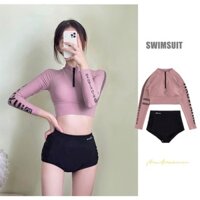 ☋㍿South Korea s 2022 new sexy long-sleeved high-waist swimsuit female conservative sports students cover belly and look