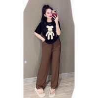 sp47.87 set bộ quần suông, áo form rộng, cổ tròn , thêu gấu lót lông