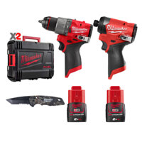 SPECIAL M12 COMBO 1 Milwaukee - Máy khoan M12 FID2 + Máy vặn vít M12 FPD2 + 2 Pin 12V 2.0Ah + Dao gấp camo