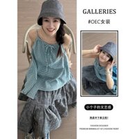 [Spot] Bộ đồ cổ điển Mori nữ mùa hè phong cách mới Áo yếm ren kẻ sọc váy chữ A Bộ hai mảnh thiết kế thích hợp