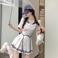 [Spot đang phát hành] Bộ đồ phong cách Đại học đồng phục jk Nhật Bản, áo ngắn tay cổ áo hải quân mẫu mới mùa hè 2021 nữ, chân váy xếp ly hai mảnh