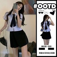 [Spot đang phát hành] Bộ đồ phong cách đại học kiểu Mỹ, đồng phục jk Mùa Hè Nữ, áo sơ mi học sinh nổi tiếng trên mạng, váy nửa người, Bộ Đồ Hai MảNh Hot Girl