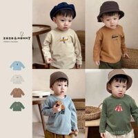 [Spot đang phát hành] Bông tinh khiết 2023 mùa thu phong cách mới nhiều màu Retro vui nhộn in họa tiết giản dị T mùa thu bé trai bé gái dài tay