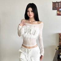 [Spot Express] Áo thun dài tay hở vai lưới xuyên thấu gợi cảm Phong Cách Hot Girl CUTENEW