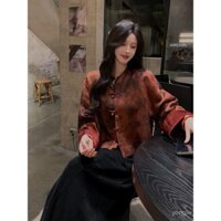 [Spot] Kích thước lớn mùa thu và mùa đông phong cách mới thời trang tất cả các kết hợp khí chất tối Áo khoác cổ điển nút đĩa quần ống rộng Bộ hai mảnh denim