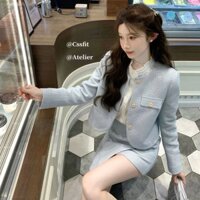 [Spot] Phong cách Hàn Quốc ngọt ngào thời trang Instagram khí chất thơm nhỏ Áo khoác ngắn màu xanh dương váy ngắn chữ a cạp cao Bộ hai món kiểu Tây