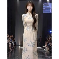 [Spot] Phong cách Trung Quốc Mới [Nhớ lại Giang Nam] Sườn Xám Thiền cổ điển của phụ nữ mùa thu Váy dài tay jacquard có thể mặc hàng ngày