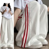 [Spot] Quần dài cạp cao thể thao công sở giảm béo quần thể thao sọc cổ điển của phụ nữ quần thể thao sọc cổ điển của phụ nữ quần dài ống rộng ống rộng giản dị rộng rãi tôn dáng gầy cạp cao mới của phụ nữ