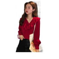 Spot❇❂⊕ Red chiffon v-neck shirt female age season new han edition design feeling small centrifuge falbala sweet coat
