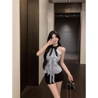 [Spot tóc nhanh] Thiết kế cảm giác màu xanh cổ nơ Áo sơ mi bèo nhún nữ mùa hè không tay eo Hot phong cách siêu Cổ Tích