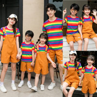 [Spot] Trang phục dành cho gia đình và trẻ em, trang phục biểu diễn mẫu giáo ba người, áo thun sọc ngắn tay cho mẹ và con gái mùa hè mới 2024, quần yếm