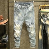 Spring and Summer Big Ripped Jeans Men's Fashion Brand Slim Fit Skinny Pants Korean Stretch Smart Guy Pants Fashion Pxsl